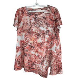 Terra & Sky Womens Plus Size Coral Paisley Short Sleeve Top Size 1X 16W-18W